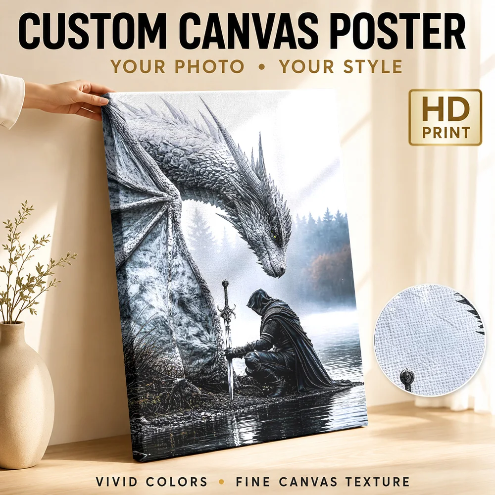 Dragon and Knight in Misty Forest Canvas Print Poster Personalized Photo Travel Landscape Wall Paintings Decoration for Office