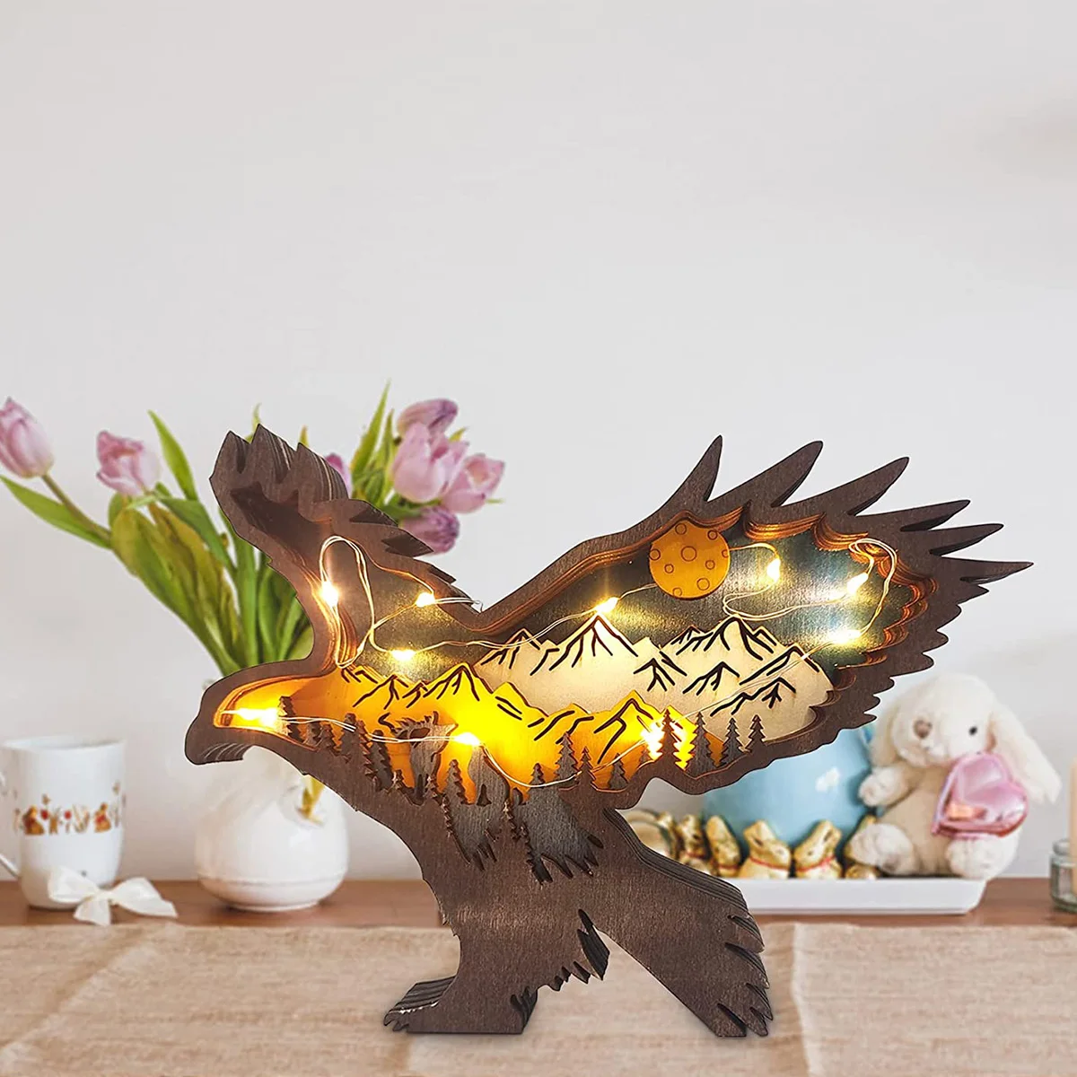 Wooden Ornaments Carved Wooden Wolf Decorations with LED Light Hollow Multi-Layer Forest Animals Scene Display Carving Figurines