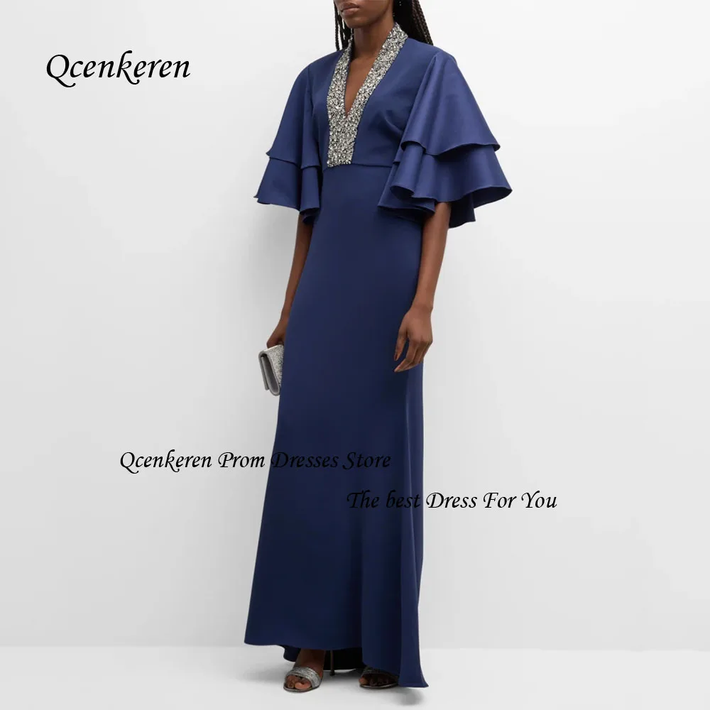 Qcenkern-vestido de noche Formal de satén de sirena con cuello en V, traje de fiesta con manga de campana, longitud hasta el suelo, color azul marino, precioso