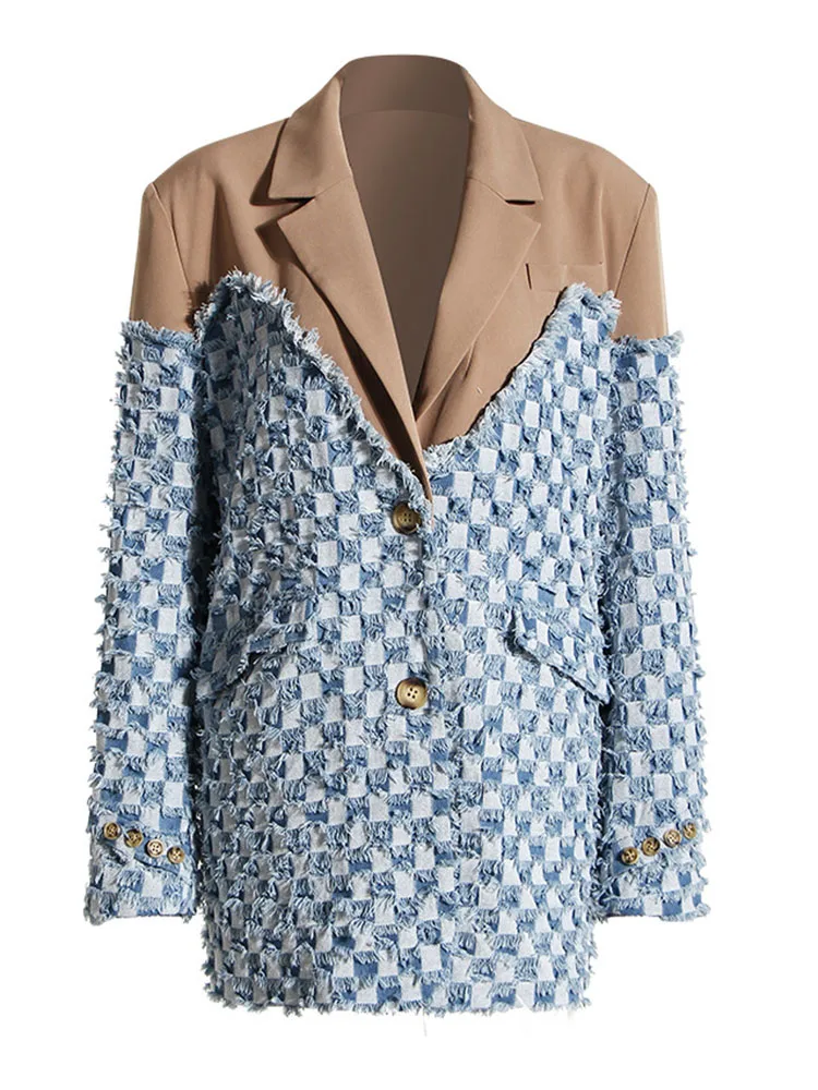 

Джинсовая куртка STUDIO Street Style с длинными рукавами и круглым вырезом, женская, свободного кроя, в стиле колор-блок, винтажная, модная верхняя одежда