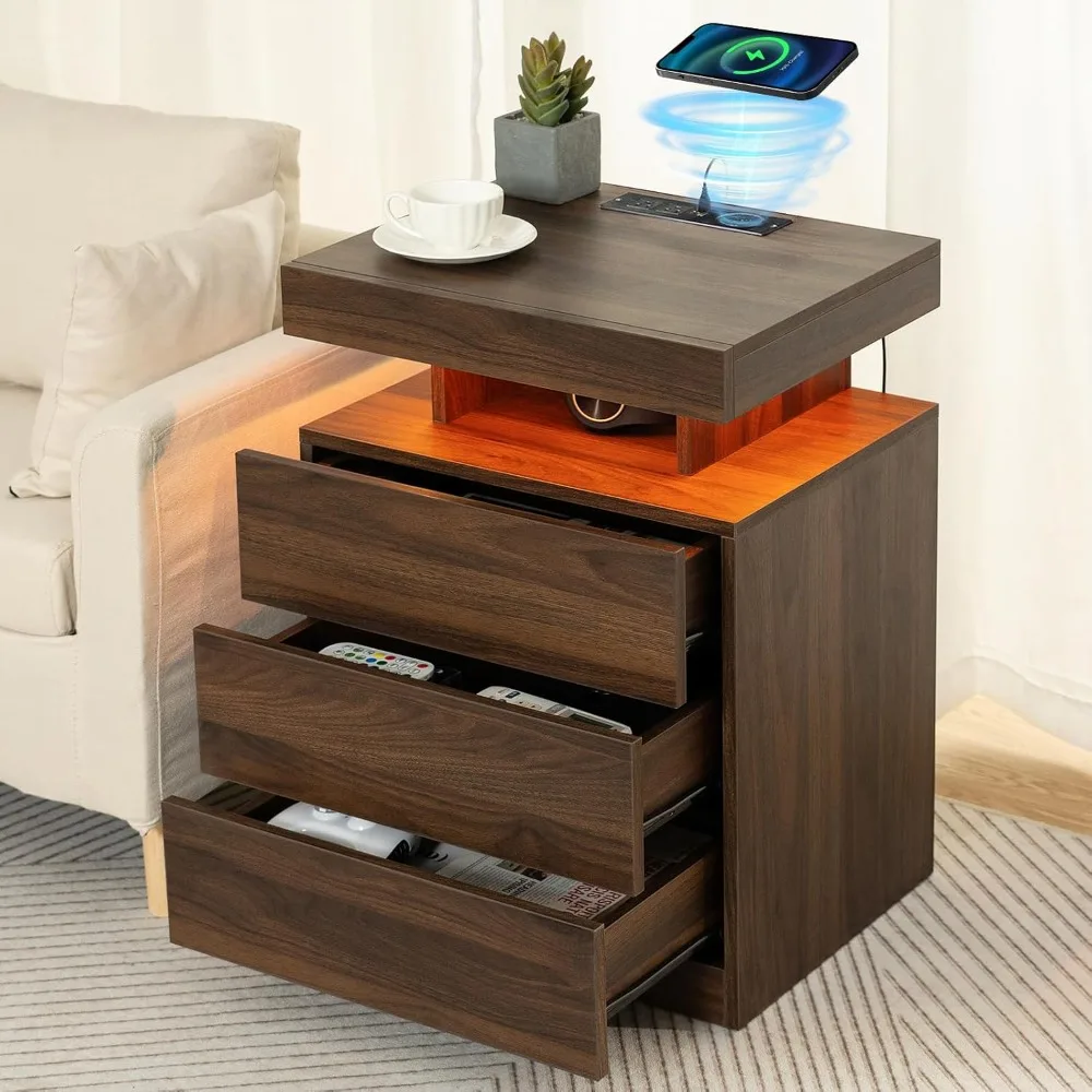 

Rustic Brown Nightstand with Wireless Charging Station Walnut Wood LED Bedside Table with 3 Drawers End Table Smart, Customized