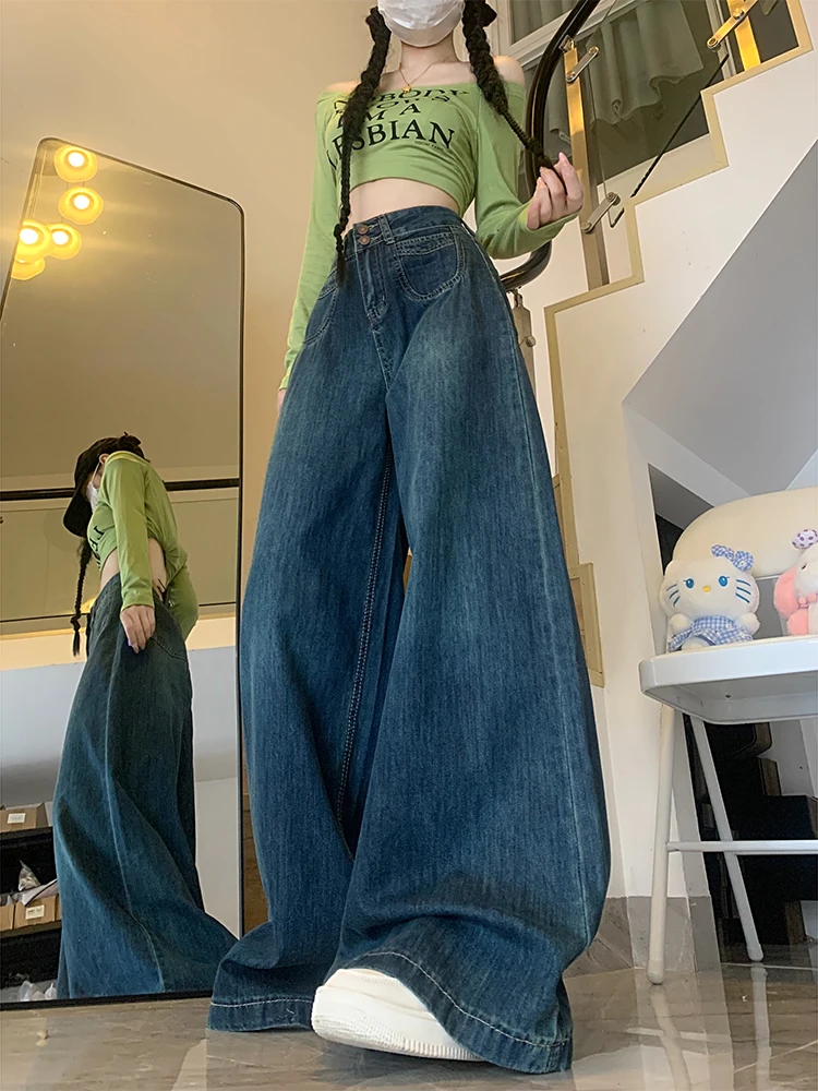 Light Blue High Waist Wide Leg Jeans Women's Autumn New Sle Double Bule Loose Drapey Straight Leg Slimming Floor-Length P...