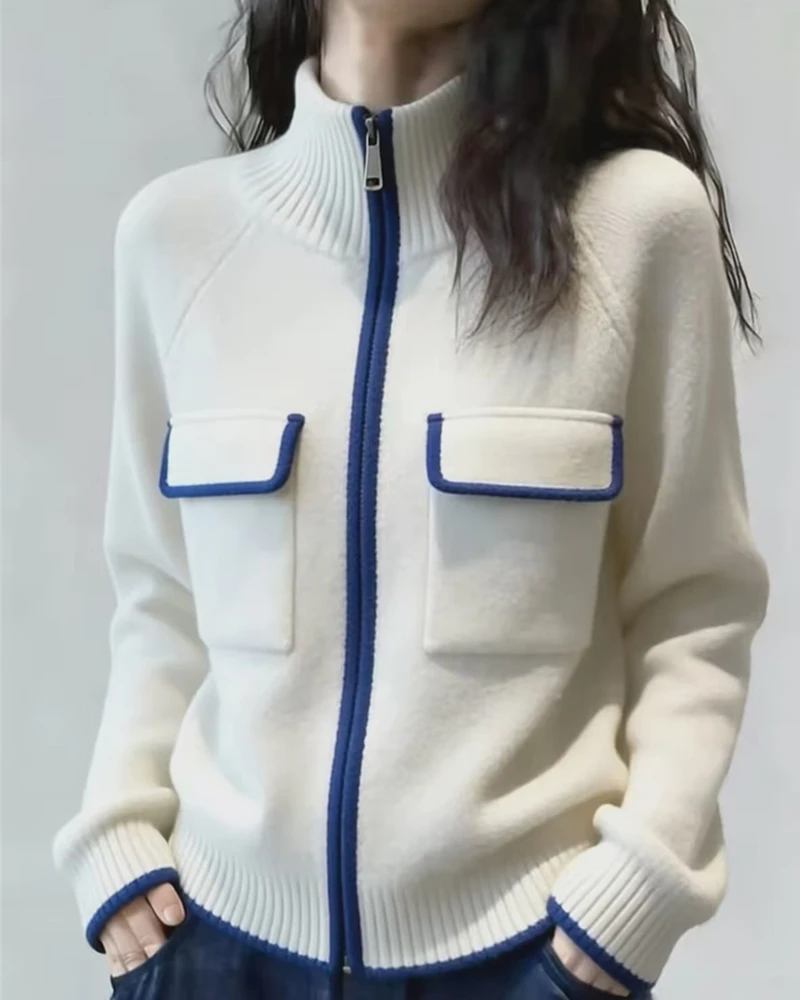 Women's Knit Cardigan 2026 New Color-Block Trim Pocket Zipper Jacket for Women Autumn Winter Thicken Chic Women Outerwear