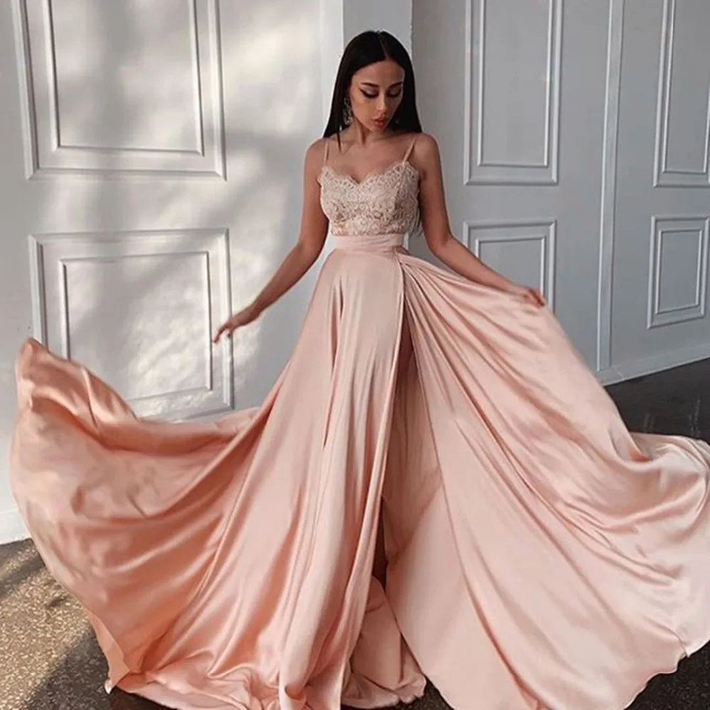 Simple Spaghetti Straps Prom Dress 2022 Sweetheart Lace Party Gown High Split Slit Evening Dress Sexy