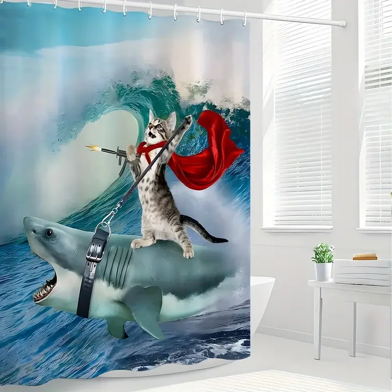 Funny Cat Shower Curtain, Riding Shark Ocean Theme Hilarious Cool Fun Blue Ocean Wave Animal Nautical Whale Boys Bathroom Decor