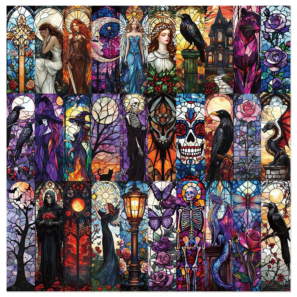 30PCS Gothic Colored Window Glass Style Bookmark Retro Illustration Dark Cartoon Halloween Crow Witch Book Page