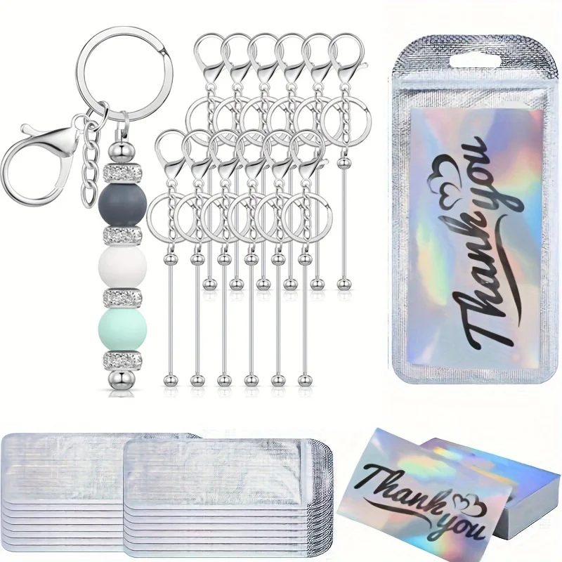 10/40 Set Whimsical Adorable Playful Blank Bead Keychains DIY Silver Handmade Strips Decor Craft Christmas Party New Year Gift