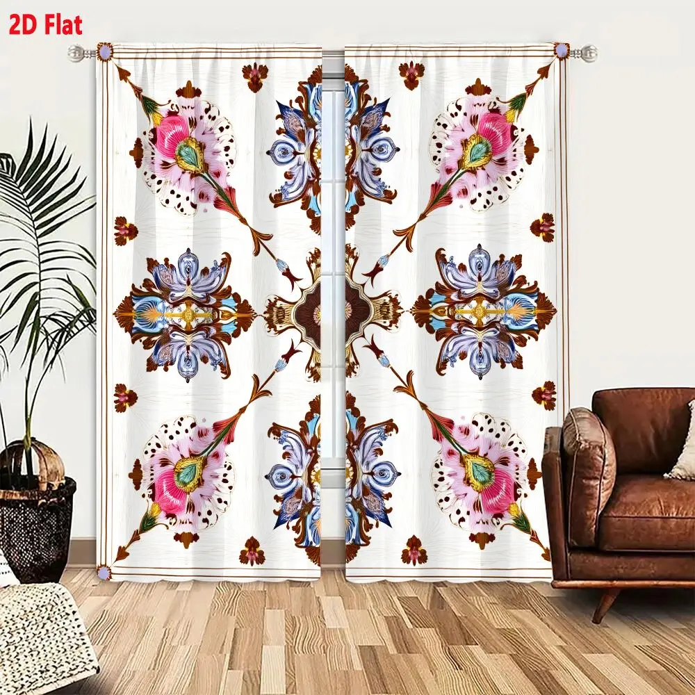 2Pcs Curtains 2D Flat Square Textile Design With Pink Magenta Floral Motifs And Teal Centers On Cream Background Window Drapes f
