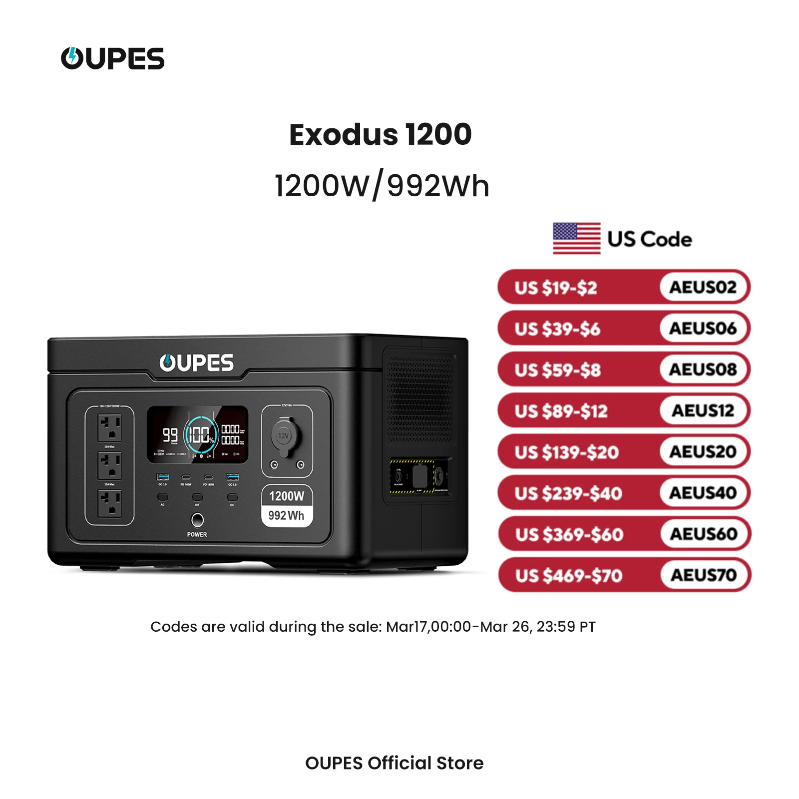 OUPES Exodus 1200 Solar Generator Portable Power Station 1200W/992Wh 1500w Boost Model(3600W Surge), 23 lbs