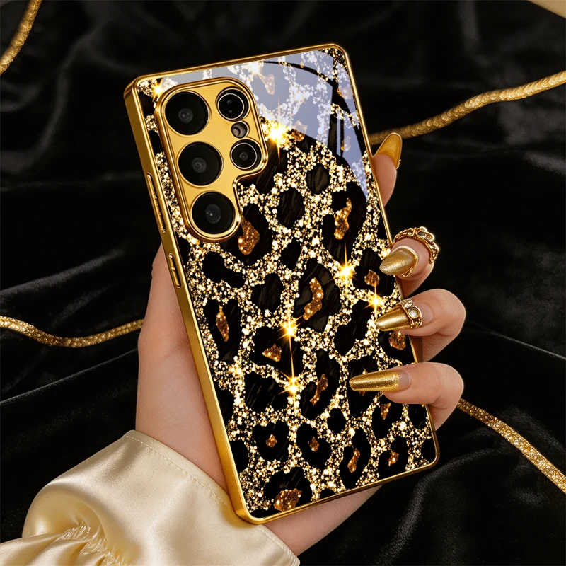 Leopard Pattern Electroplated Golden Phone Case For Samsung Note 10 20 A06 A07 A12 A13 A14 A15 A16 A17 22 A23 A25 5G Glass Cover
