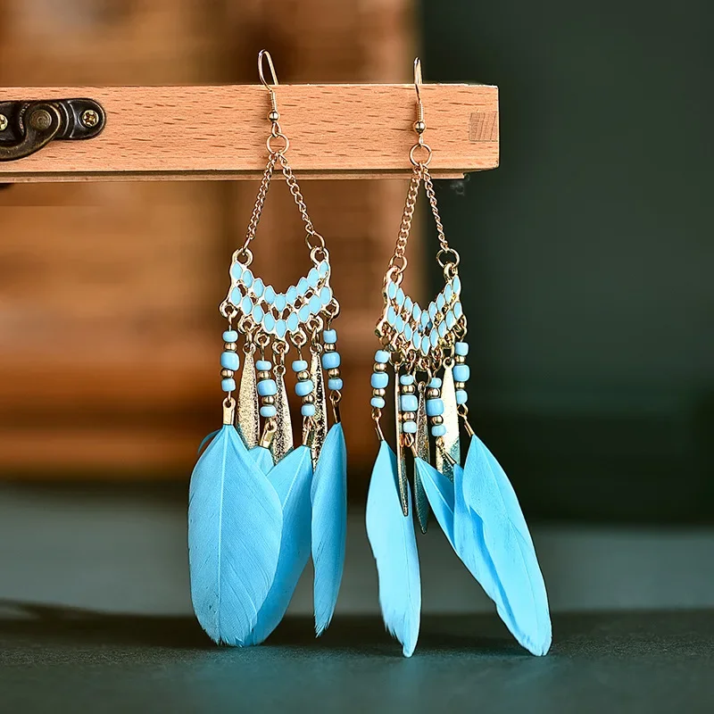 Boheemse Etnische Veren Bengelen Oorbellen Voor Vrouwen Trendy Lange Kwastjes Kleurrijke Kralen Drop Oorbellen Meisje Vrouwelijke Boho Sieraden - afbeelding 1