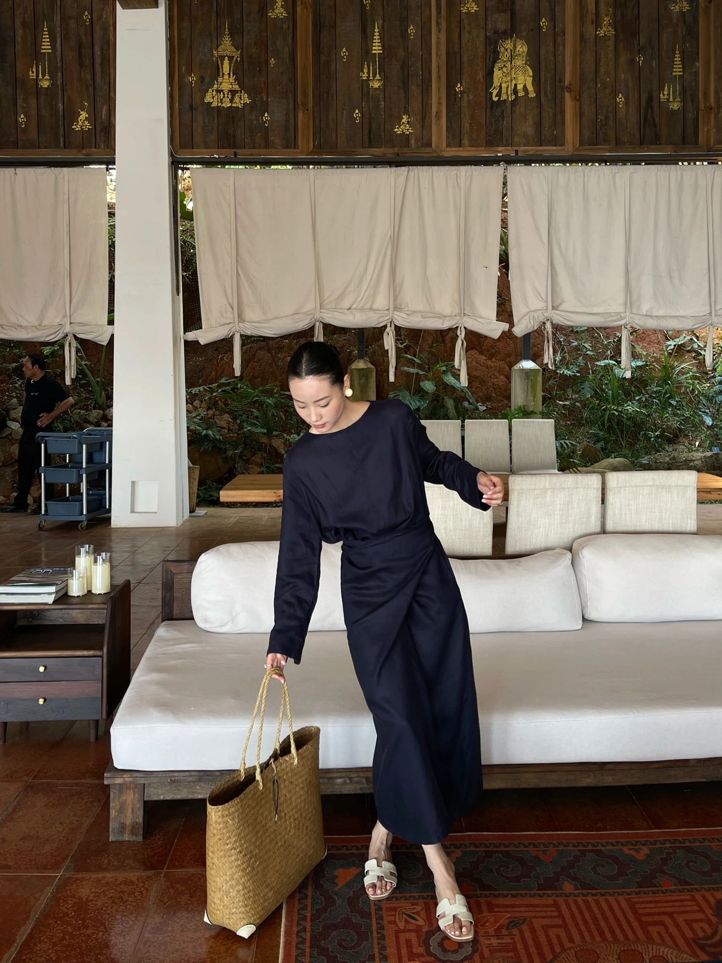 

PURIYH Spring Summer Slimming Long Linen Dr High Waist Splice Design Ele Blue Striped Maxi Skirt Sle Women'...