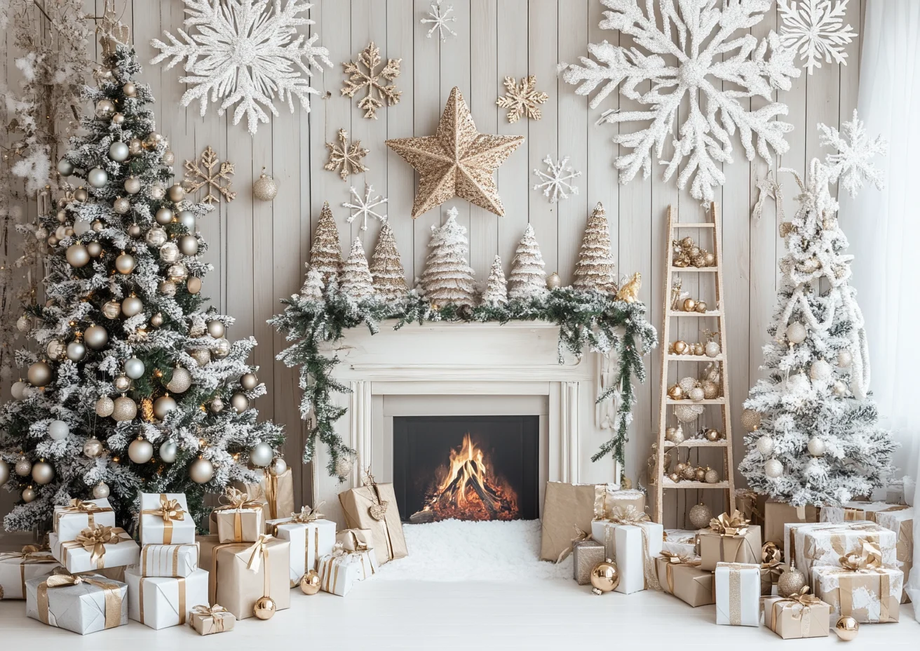 Christmas Fireplace Background Gold Xmas Star Decor Pine Tree Gift White Backdrop Kids Birthday Photo Wooden Room Booth
