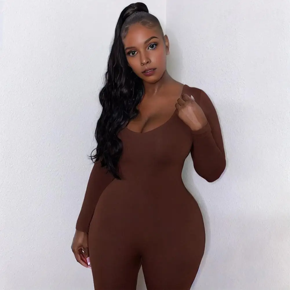 Women 2024 U Neck Long Sleeve Bodycon Streetwear Jumpsuit Overall One Piece Outfit Wholesale Items Yoga Business Romper Sporty