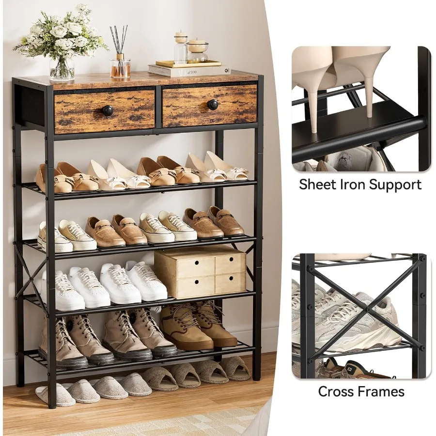 현관용 5단 신발장, 부직포 서랍 2개 포함, 16-20켤레 신발 수납 가능, 나무 상판 및 철제 프레임