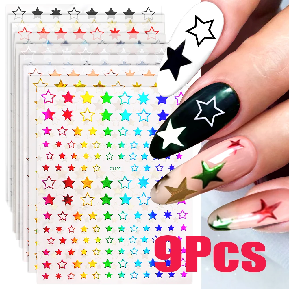 9/8/6/4 Uds. Pegatina 3D de estrella/cruz para decoración de uñas Y2K oro/plata/negro/blanco pegatina de estrella de pentagrama autoadhesiva láser Starlight Slider
