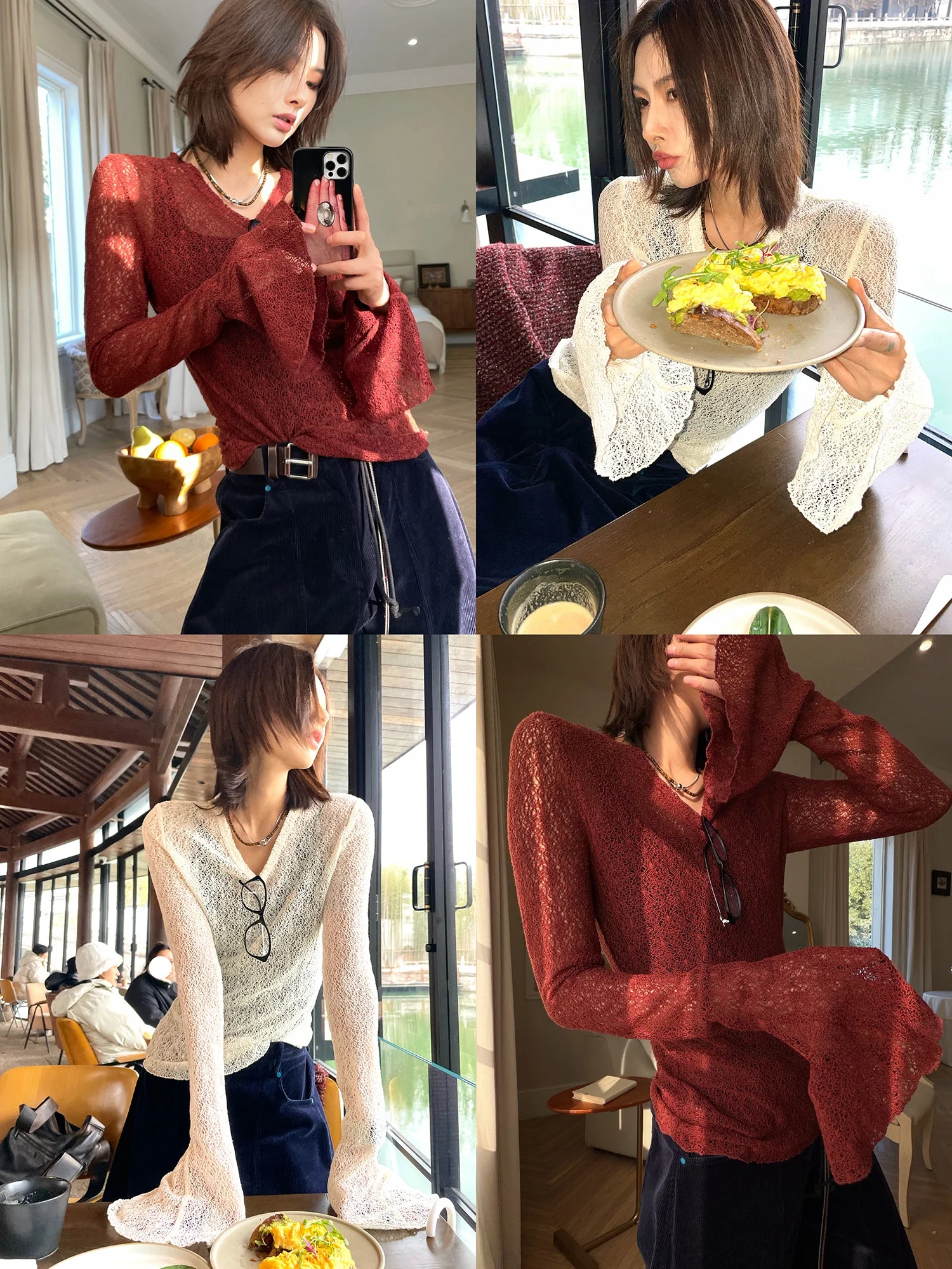 

Женская классическая винтажная блузка JCCC Shadow с длинными рукавами и рюшами на манжетах, универсальная простая базовая рубашка из полиэстера с V-образным вырезом