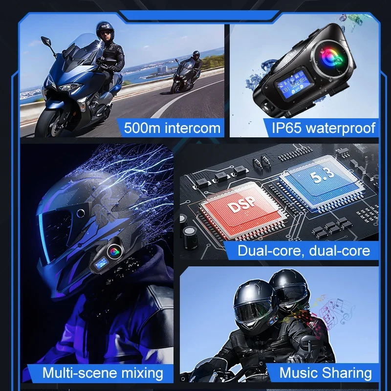 Screen Display 500M Bluetooth Motorcycle Intercom Helmet Headsets Interphone Wireless Communicator BT5.3 FM LED Walkie Talkie