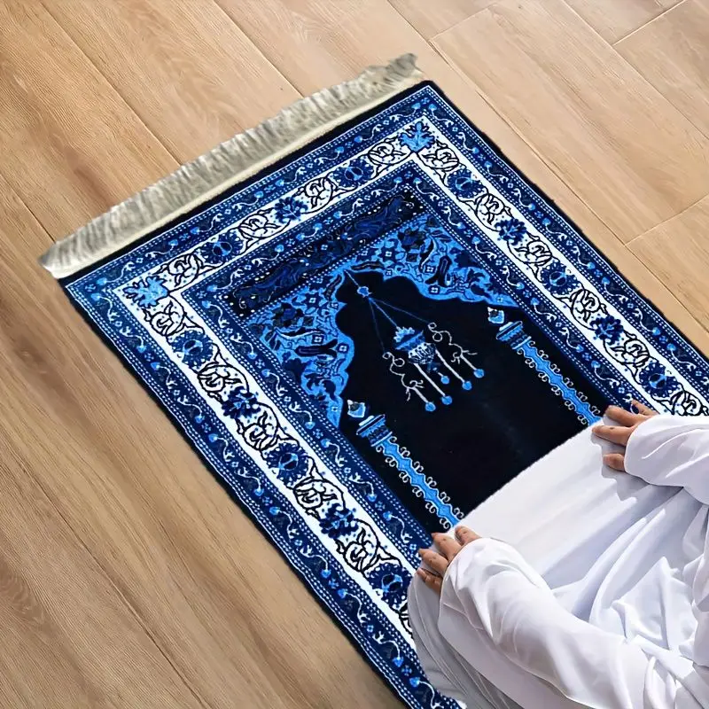 VIKAMA Vintage Blue Floral Prayer Mat, Soft Flannel Fringed Muslim Prayer Mat, Non-Slip Portable Prayer Mat, Home Decor