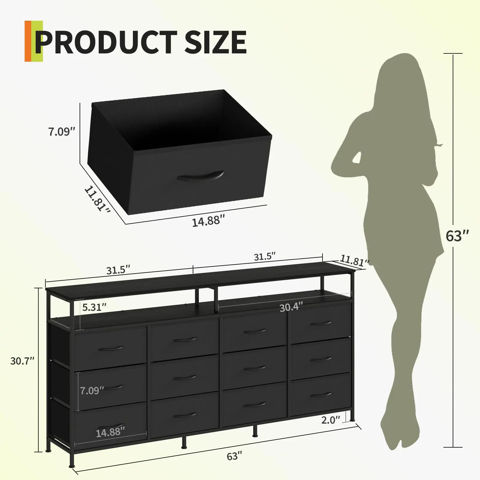 63 Inches Long Dresser TV Stand for Living Room - 12 Drawer Fabric Dresser with Open Shelves,Sturdy Large Chest of Drawers, MDF Top and Steel Frame image 3