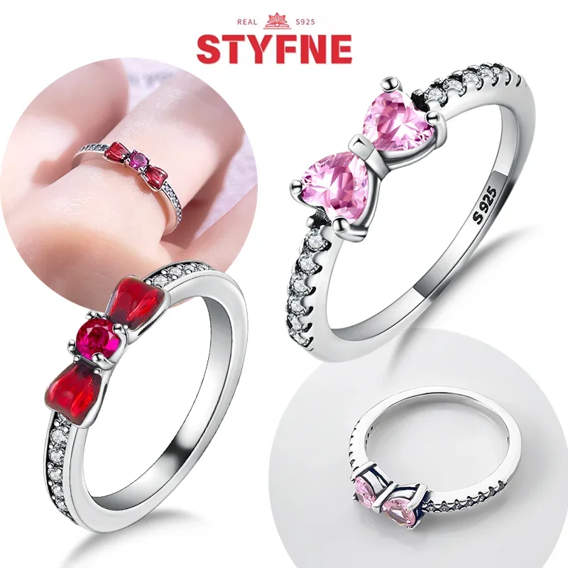 

S925 Silver Ring Pink Red Heart Zircon Shining Bow Ring Original Ring for Women Fine Jewelry Valentine's Day Gifts for Girl