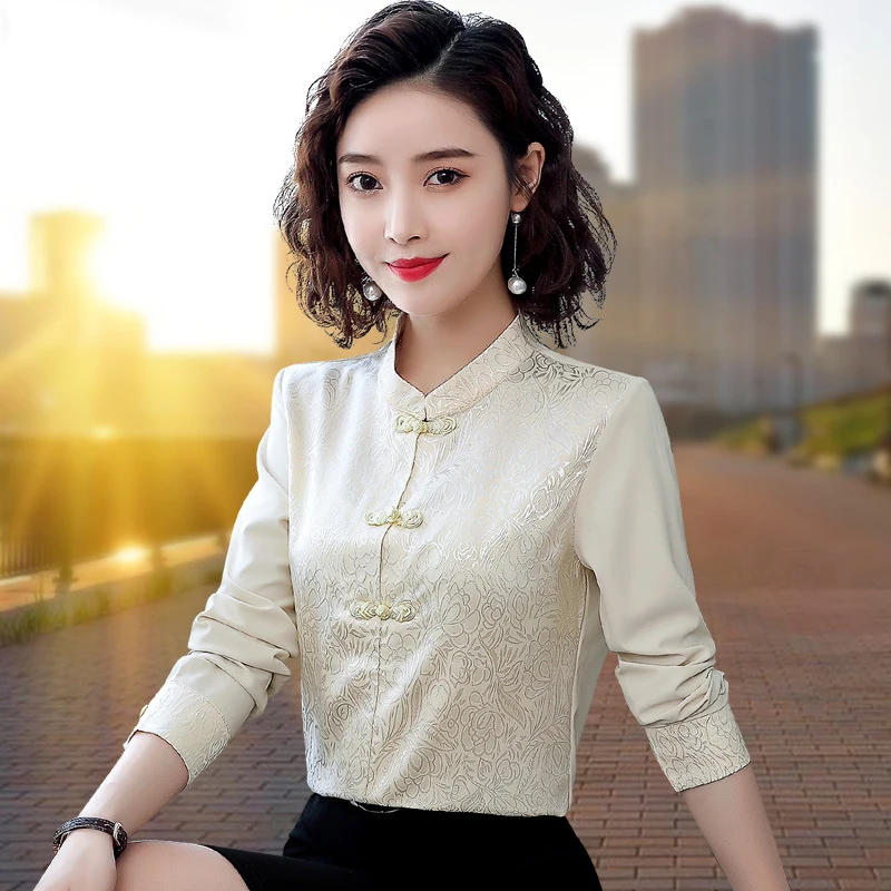 New Chinese Dobby Chiffon Shirts Women Long Sleeve Mock Neck Frog National 2024 Spring Fall Blouse Undershirt Floral Blouses Top