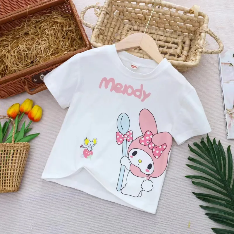 My Melody เสื้อยืดแขนสั้นผ้าคอตตอนสำหรับเด็กผู้หญิง, เสื้อลำลองแขนครึ่งแขนทรงหลวมการ์ตูนอะนิเมะ Cinnamoroll