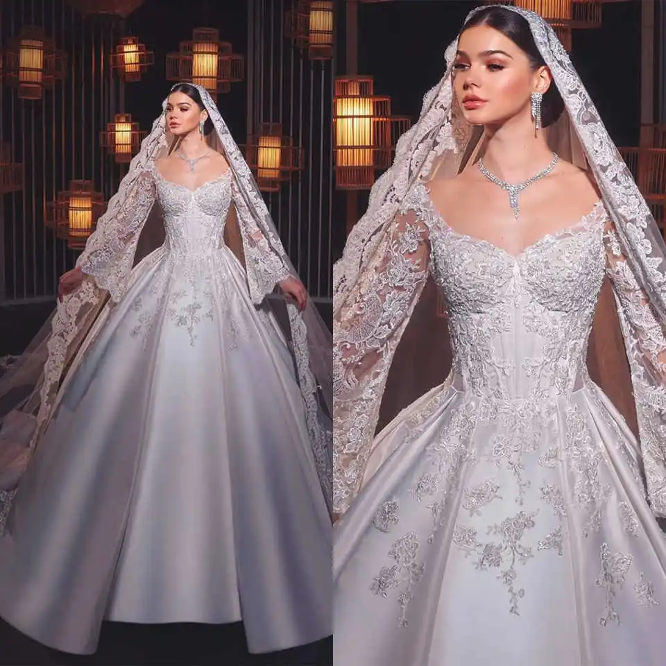 

Elegant Ball Gowns With Cathedral Veil Appliques O Neck Long Sleeve Wedding Dress Customized Draped Sweep Train Bridal Dresses