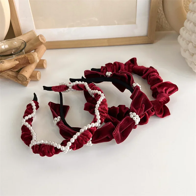 Vintage French Red Velvet Pearl Bow Headband Hair Band For Womans Girl Sweet Temperament Hair Hoop New Year's Headband Headdress