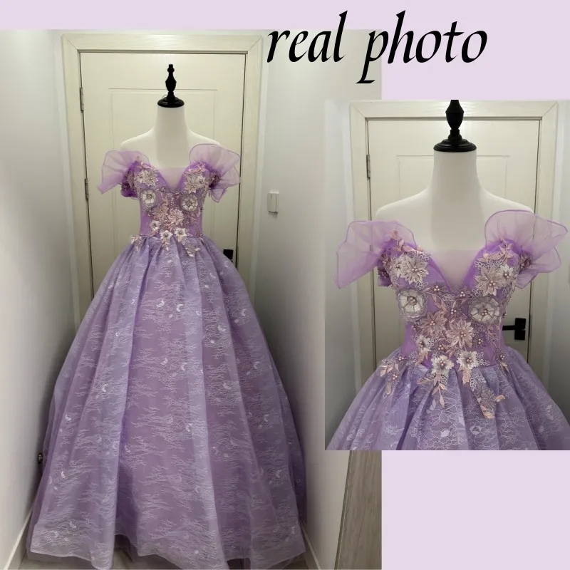 Roxo Tule Andar de comprimento Vestidos Quinceanera, vestido de baile, doce Beading, Lace Applique, elegante, mais recente