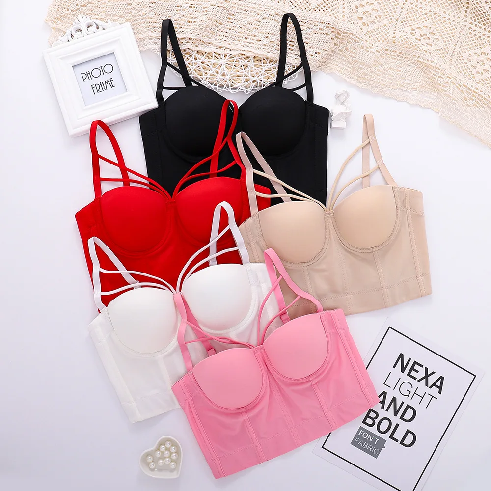 

SsTss Sexy Push Up Bralet for Women Fashion Solid Corset Bustier Bra Elegant Strappy Sleeveless Night Party Club Short Cami Tops