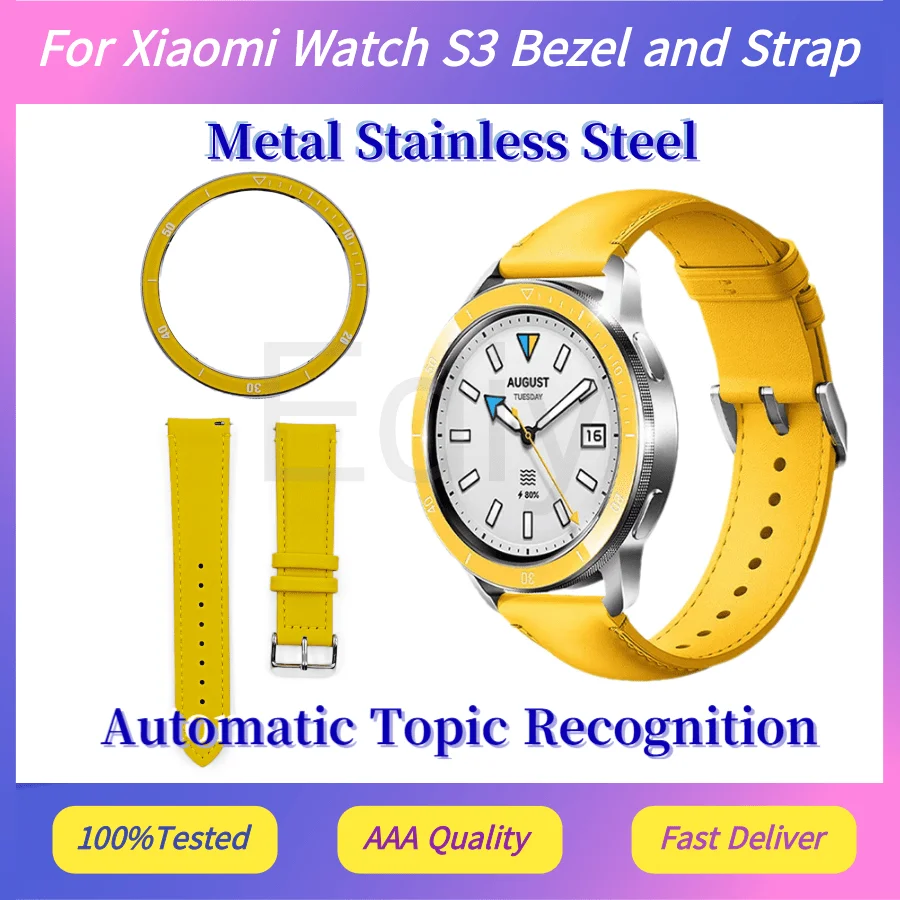 For Xiaomi Watch S3 Bezel and Strap Yellow with Scale Stainless Steel Bezel Dial Case Outer Frame Automatic Recognition