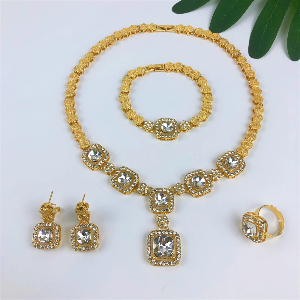 TITI 18K Gold Plated Dubai Nigeria Jewelry Set Luxury Quality Necklace Earring Bracelet Ring Long Pendant Party Set Jewelry