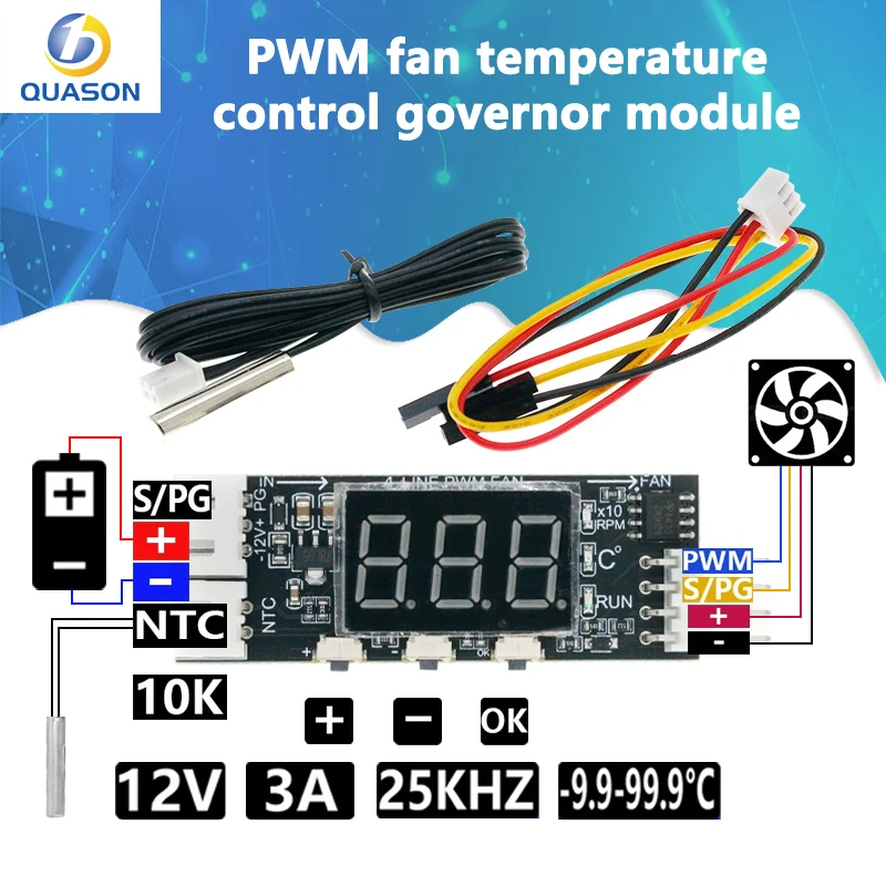 DC 12V 4 Wire PWM Fan Temperature Control Governor Temperature Speed Digital Display Support 3A Fan On/Off Control