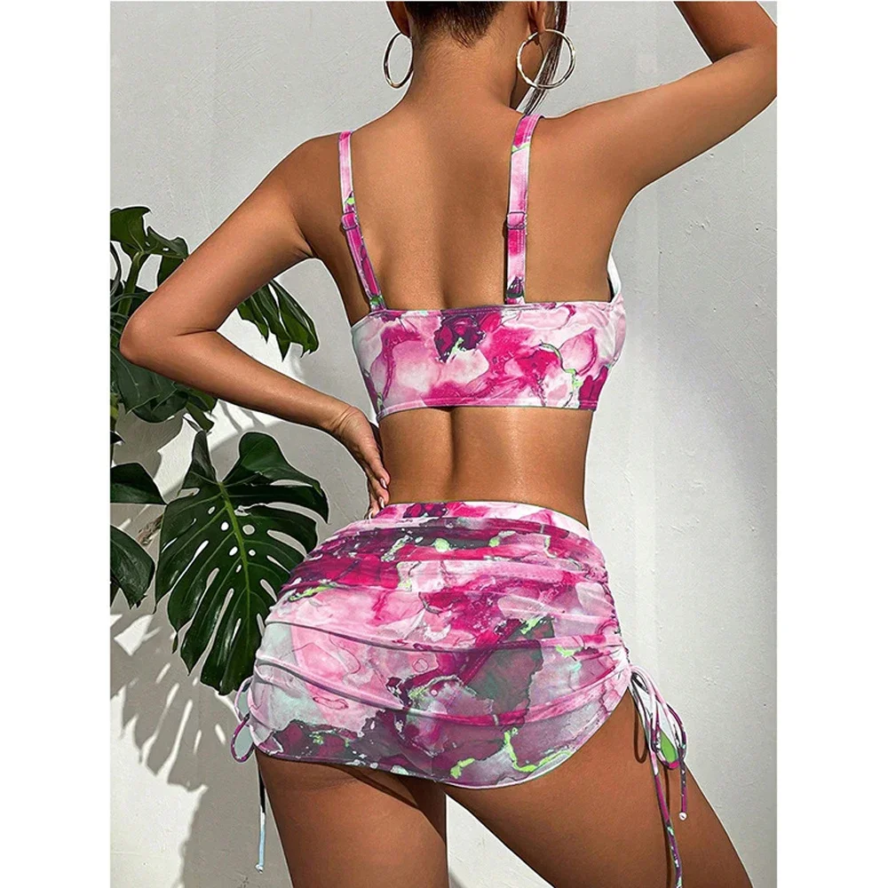 Summer Women\'s Bikini Suit Tie-dye Printing Sexy V-neck Split Swimsuit Seaside Holiday Party Beach Bikini Skirt 3-piece Suit