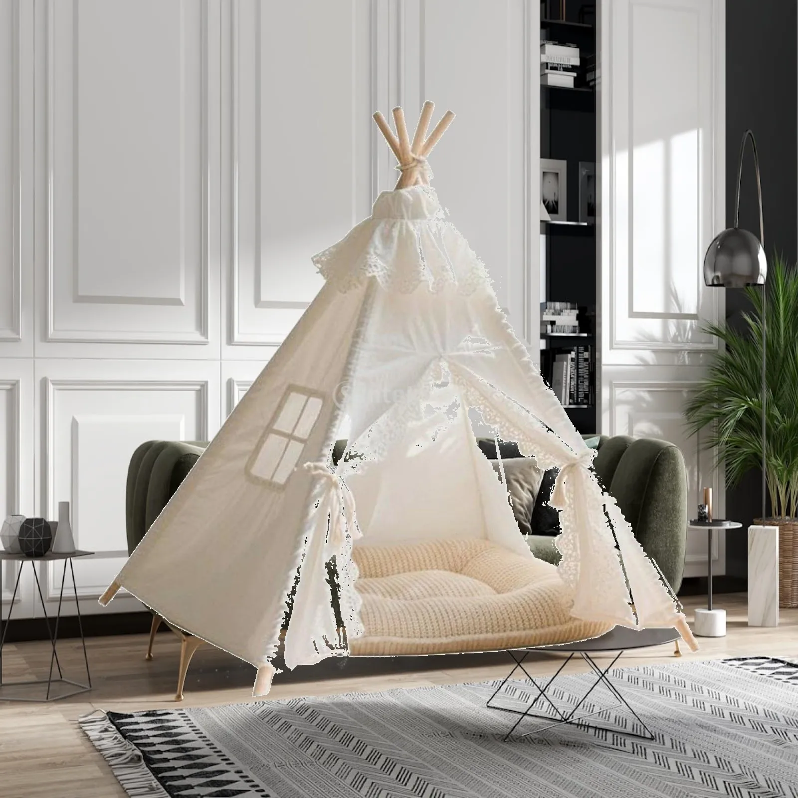 Tente pour animaux de compagnie, abri portable pour chats avec support en bois de pin et couverture en toile, lit confortable de style tipi pour petits animaux.