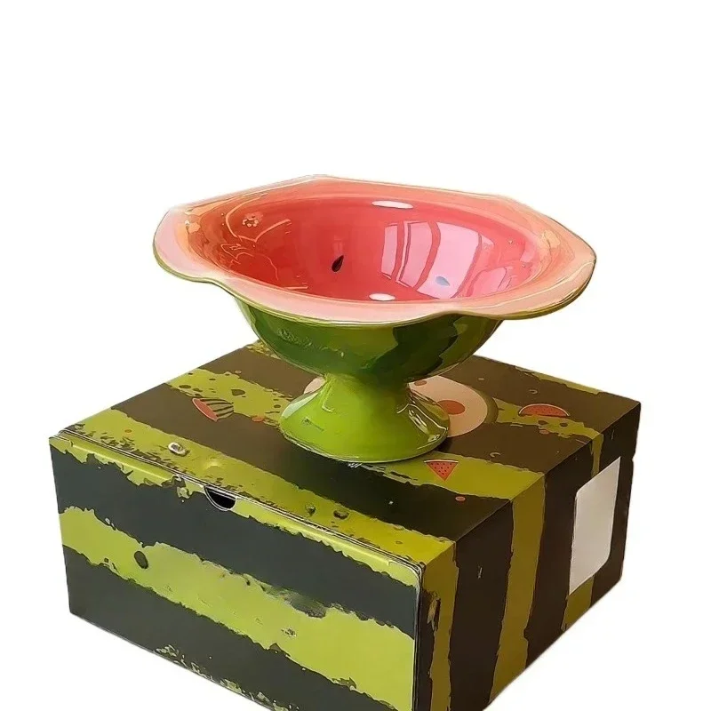 Household ceramic fruit plate, living room tea table snack plate, cute high-value personalized watermelon salad bowl