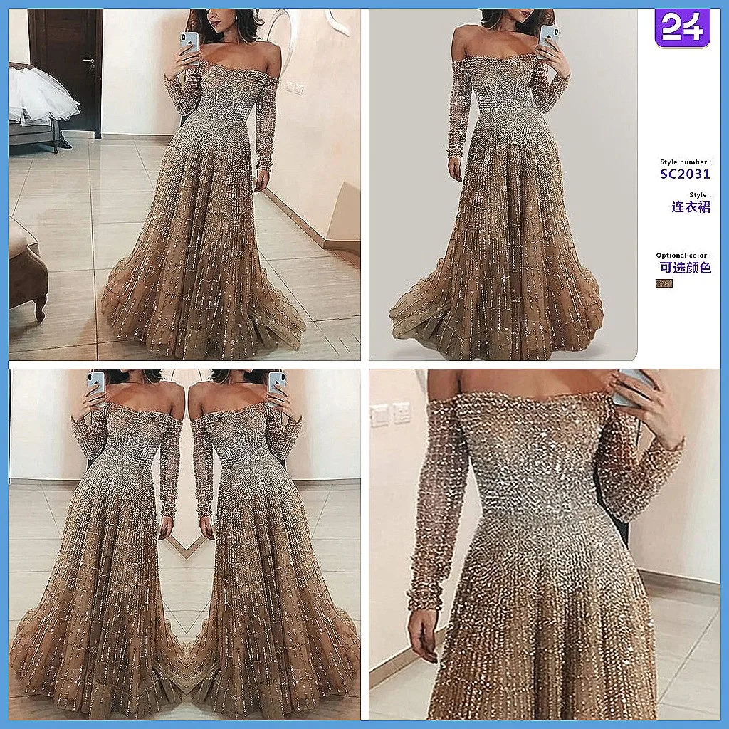 

Элегантное блестящее вечернее платье с пайетками для женщин, с открытыми плечами, длинными рукавами и завышенной талией, мода 2026 года