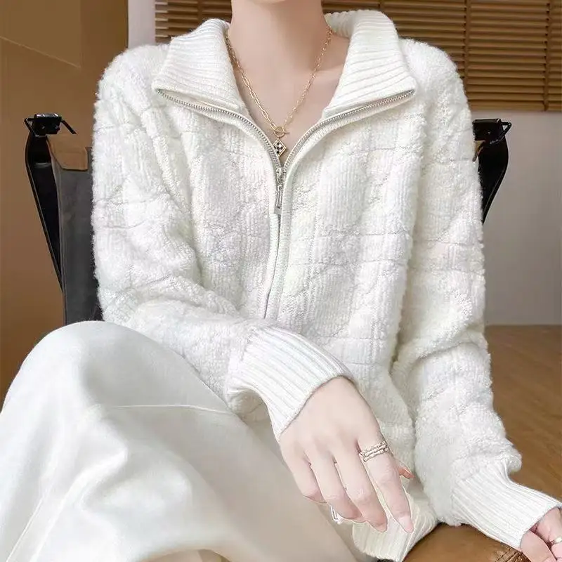

Белый свитер на молнии с воротником-стойкой для женщин, осенне-зимний высококачественный короткий стильный темпераментный вязаный кардиган