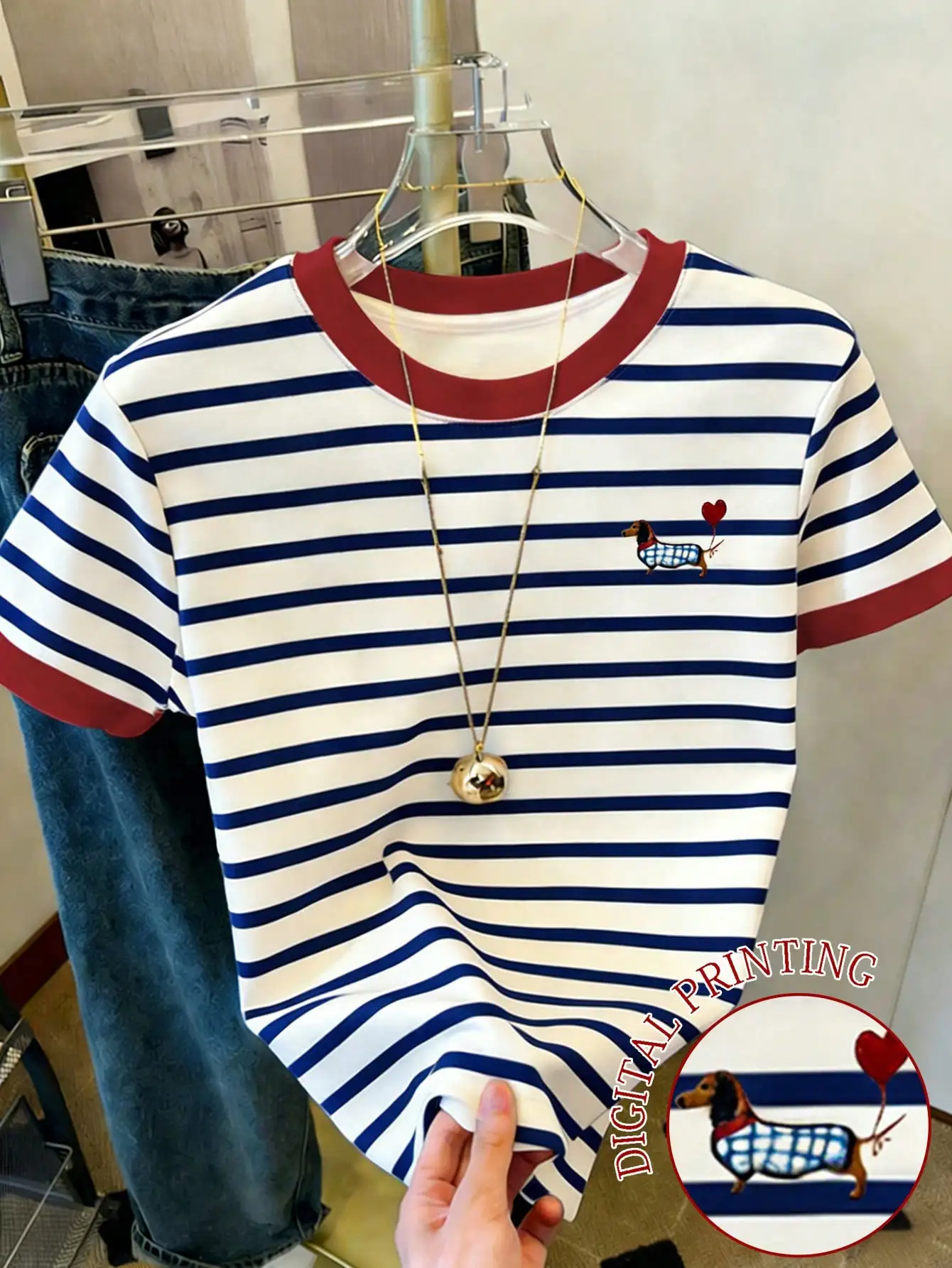 2026 Women Ringer T‑Shirt Red Trim O‑Neck Short Sleeve Tee Navy White Stripe Dachshund Dog Print Slim Fit Casual Summer Top