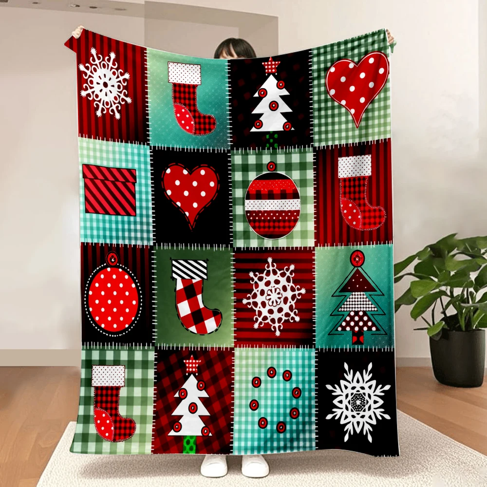 1PC Christmas Patchwork Graphic Print Blanket-made of soft, fluffy flannel, perfect for a sofa, bed or lounge chair. Ideal for C