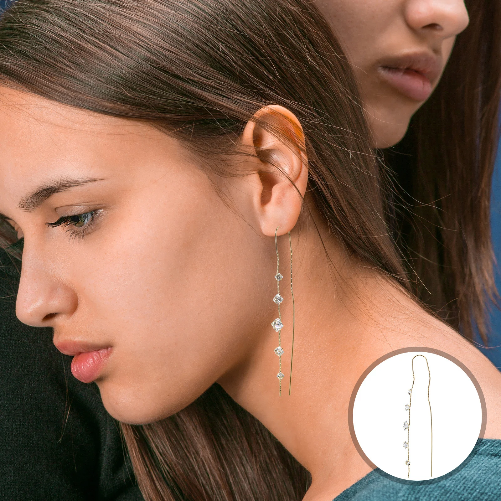 

1Pair Zirconia Threader Earrings Women's Fashion Dangle Shiny Cubic Rhinestones Comfortable Lightweight Evening