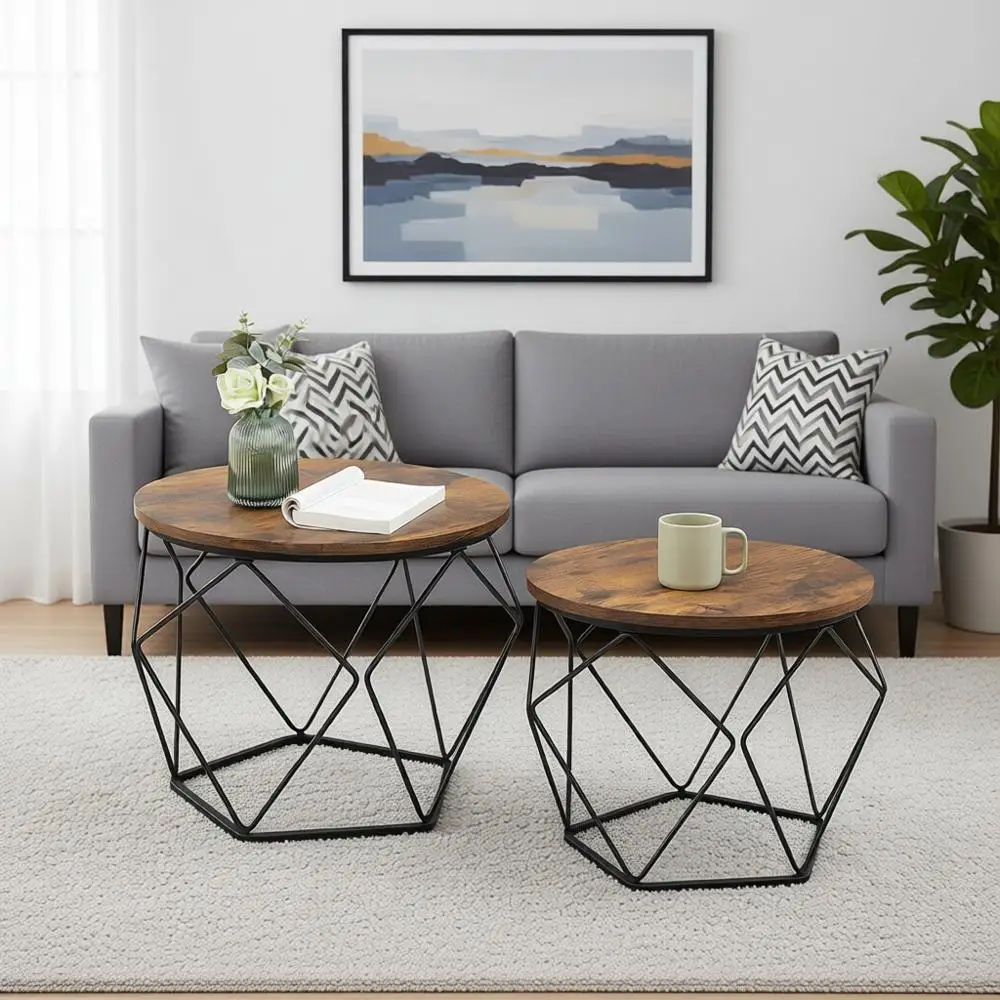 

Round Coffee Table Set of 2, Side End Table for Living Room, Bedroom, Office, Rustic Brown and Ink Black