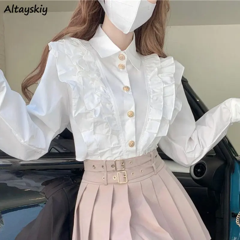 

Ruffles Shirts Women Crop Tops White Camisas Preppy Korean Fashion Style Clothing Elegant College Ropa Mujer Long Sleeve Lovely