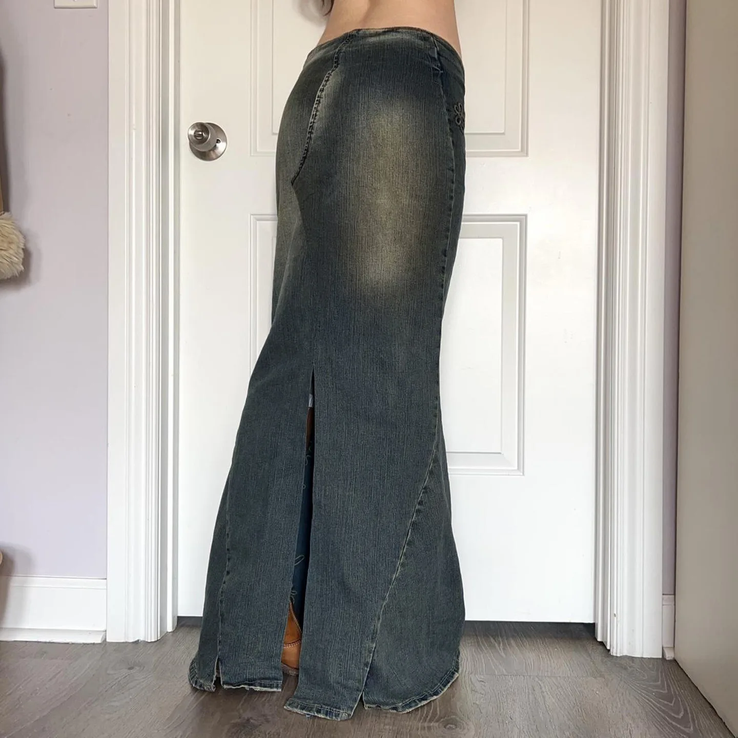 Autumn new low waisted drawstring casual embroidered retro vintage denim skirt