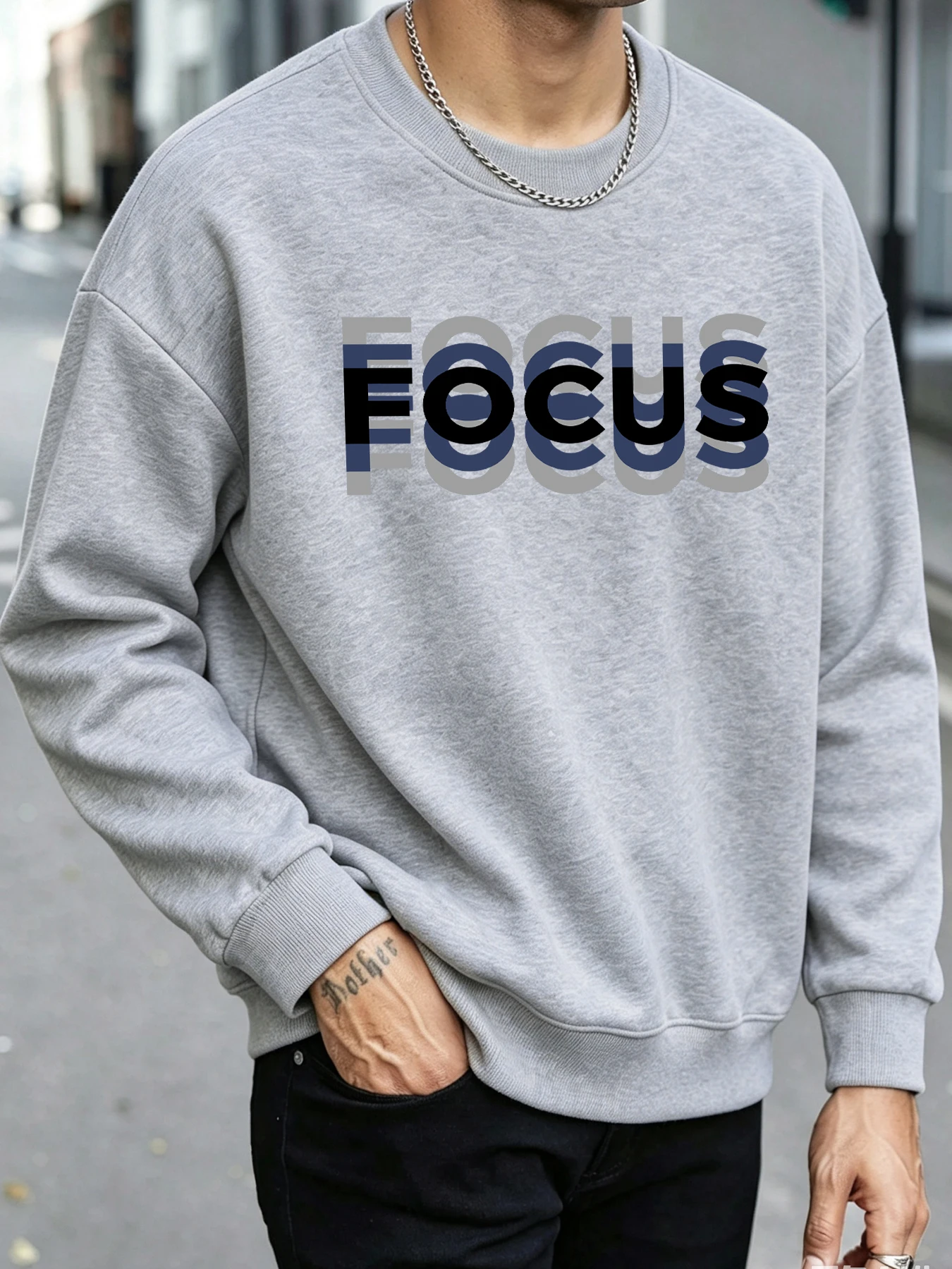 Focus Overlap Art Letter Print Man All-Match Sweatshirt Casual Loose Long Sleeve Street Trendy Pullover O-Neck Fleece Clothes