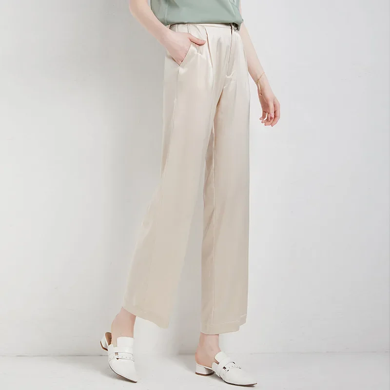 Birdsky, 1PC Women trousers pants wide leg straight pant zipper high waist 19MM real mulberry silk spandex 3 colors, S-989