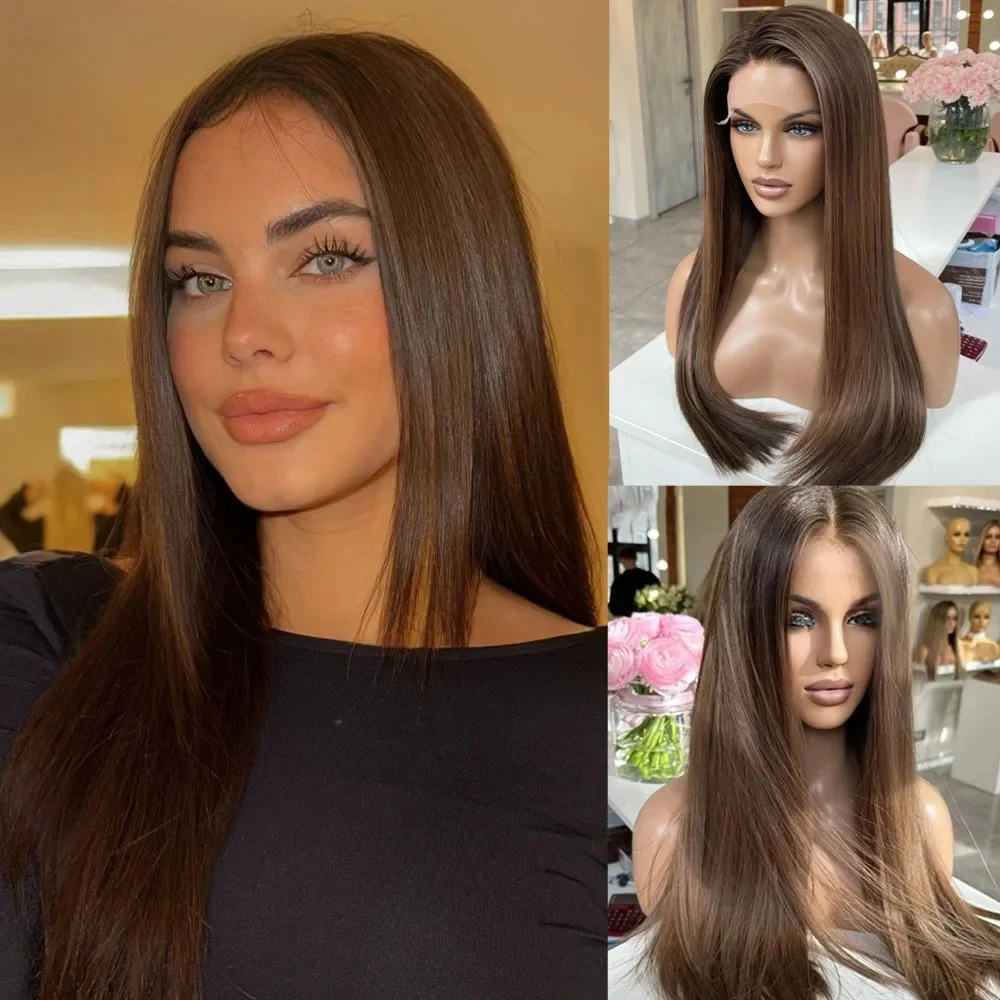 

26Inch Long Soft Brown Straight Glueless 180Density Lace Front Wig For Women With Baby Hair Preplucked Daily