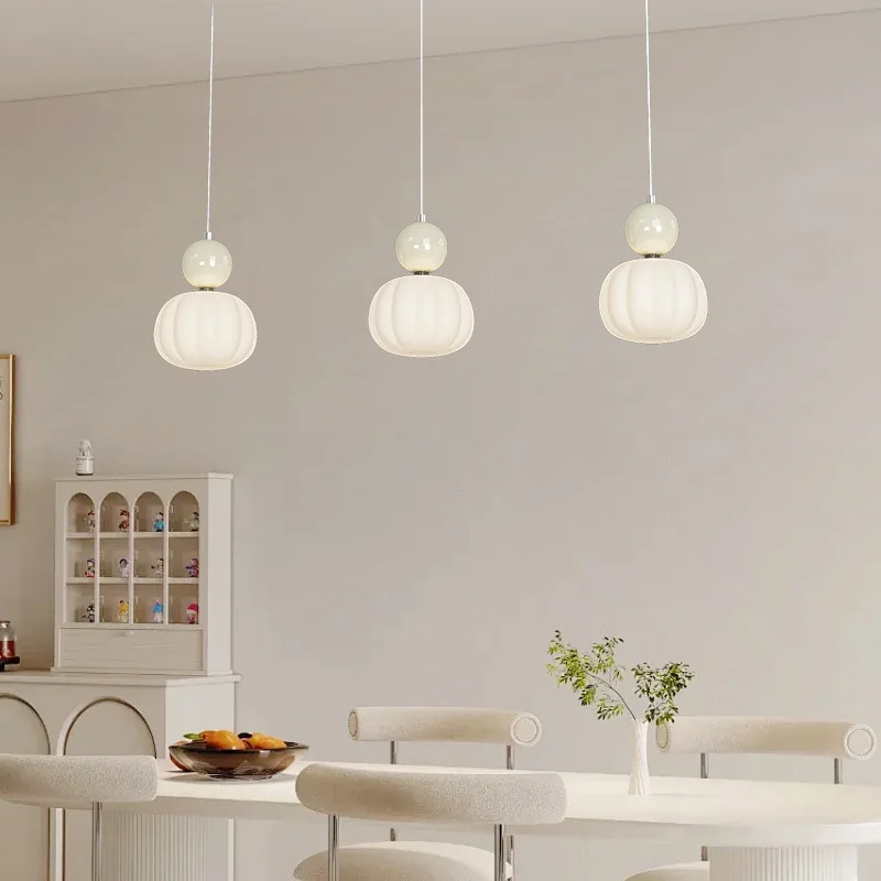 Pumpkin Shaped Beige Pendant Light Bedroom Bedside Lamp Modern Living Room Bar Counter Entrance Foyer Head Hanging Line Light