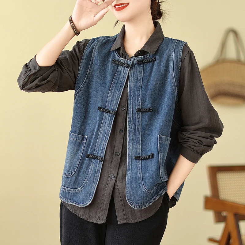 

Spring Summer Cotton Denim Women's Tank Top Button Vintage Sle Svel Vest Comfortable Slimming Commute Faion